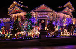 San Jose Christmas lights blue and white on house lawn